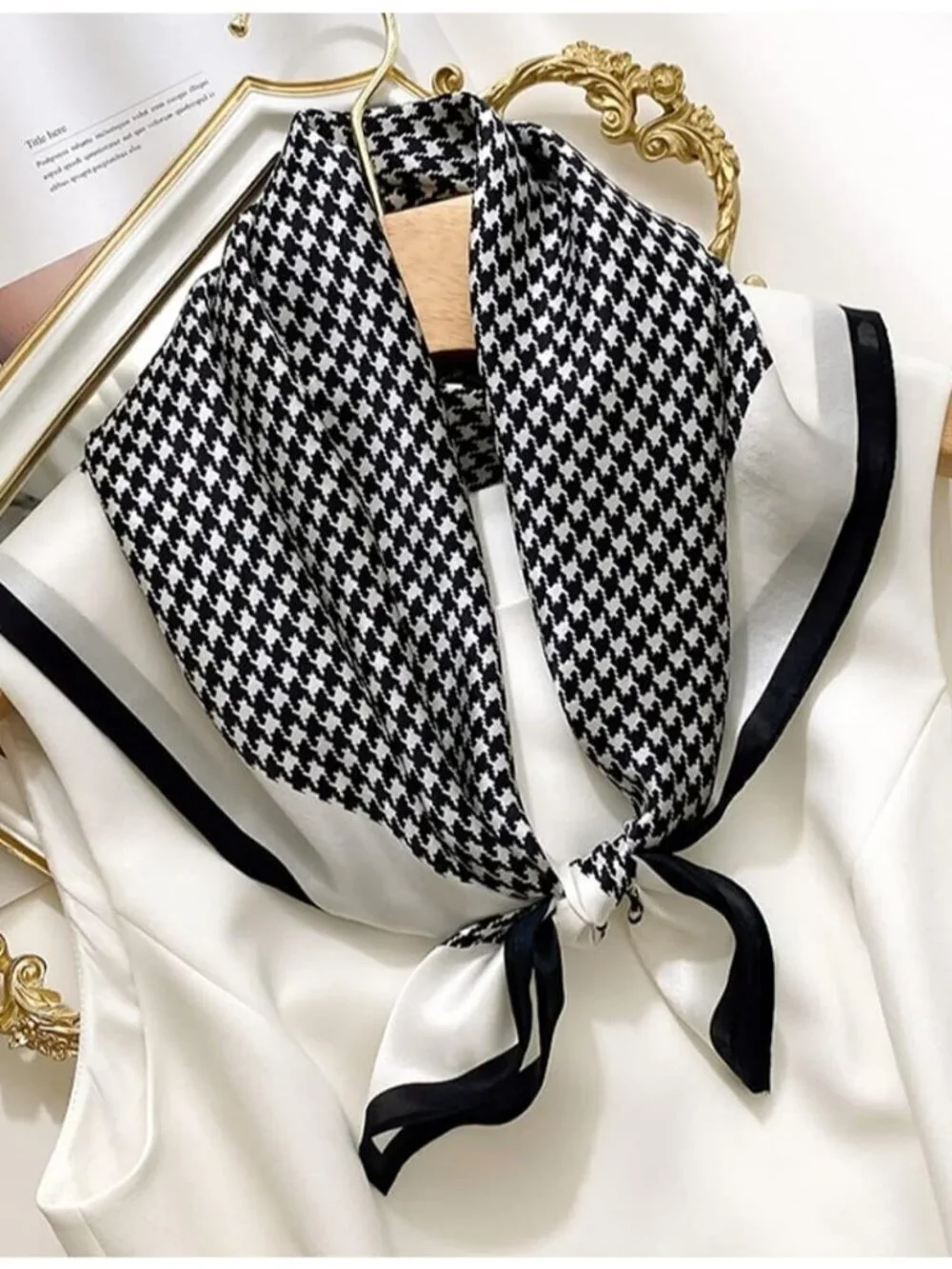 Women's  White Black Houndstooth Scarf for Hair Digital Printed Headscarf Silk